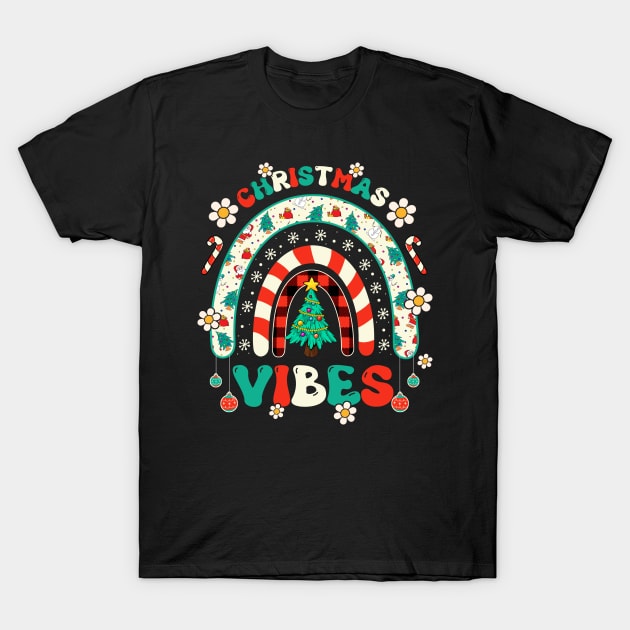 Groovy Christmas Vibes Funny Candy Cane Rainbow Xmas Family T-Shirt by DanielHeresmo